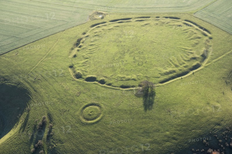 Unfinished Early Iron Age univallate hillfort earthwork situated on Ladle Hill, Hampshire, 2017.