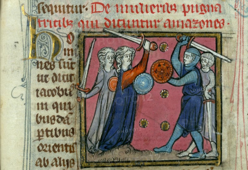 Amazons in battle. From Liber de natura rerum by Thomas de Cantimpré, um 1290. Creator: Anonymous.