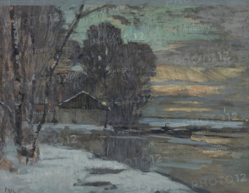 Esquisse pour la mairie de Noisy-le-Sec : canal de l'Ourcq en hiver, c.1907. Ourcq Canal in winter.