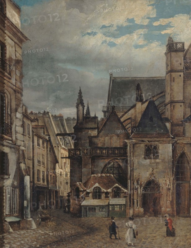 Saint-Germain-l'Auxerrois church and rue Chilpéric, around 1830, now Place du Louvre... Creator: Unknown.