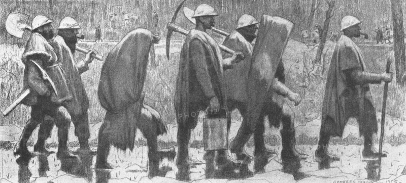 ''Choses vues a la guerre; territoriaux revenant de corvee sous la pluie.', 1915. Creator: Georges Leroux.