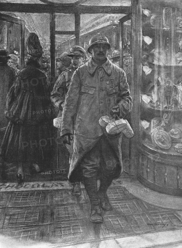 'La treve des confiseurs; L'homme des tranchees, venu a Paris en permission de..., 1916. Creator: J Simont.