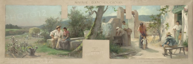 Esquisse pour la mairie d'Arcueil-Cachan : les fiancés, les grands-parents, 1888. Creator: Alfred Henri Bramtot.