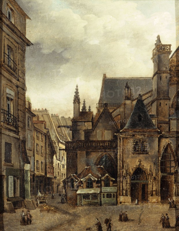 The church of Saint-Germain-l'Auxerrois and rue Chilpéric, around 1840, now Place du Louvre... Creator: Unknown.