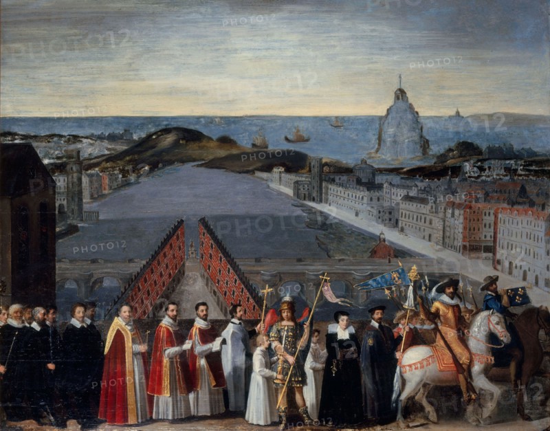 Procession of the Parisian brotherhood of Mont Saint-Michel pilgrims on the Pont..., c1610-1620. Creator: Unknown.