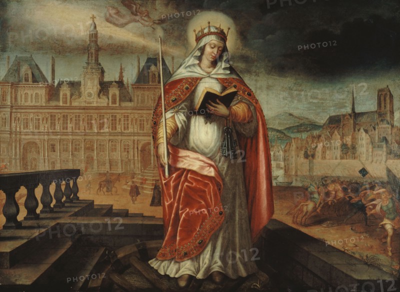 Saint Geneviève, patron of Paris, in front of the Hôtel de Ville; on the right..., around 1620.  Creator: Unknown.