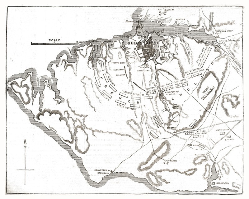 'Chart showing the relative positions of the batteries and Allied Forces around Sebastopol', 1854. Creator: Unknown.