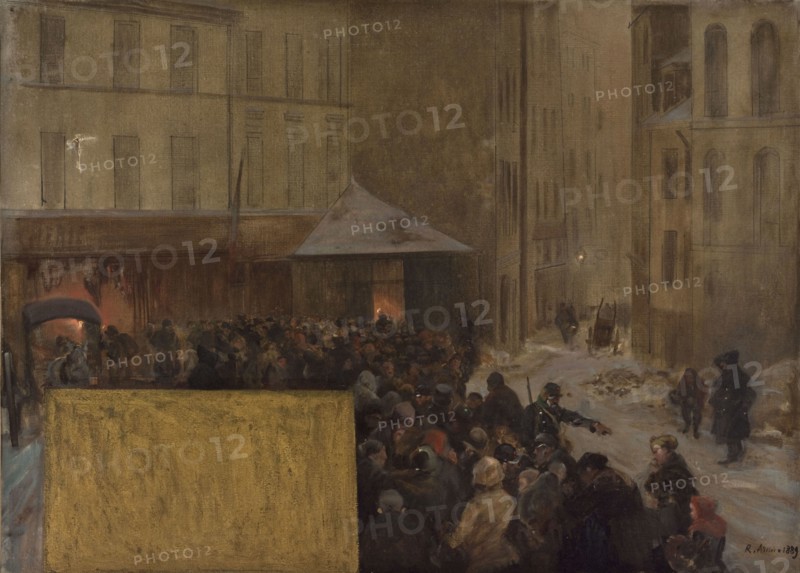 Esquisse pour l'Hôtel de Ville de Paris. Queues à la porte d'une boucherie municipale..., 1889. Creator: Raoul Arus.