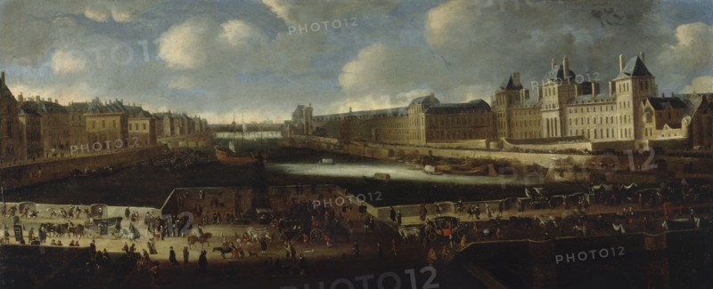 Pont-Neuf, seen from the entrance to Place Dauphine, Quai Malaquais with the Collège...around 1665, Creator: Unknown.
