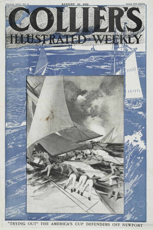 Collier's Illustrated Weekly, "Trying Out" The America's Cup Defenders Off Newport..., c1901. Creator: Edward Penfield.