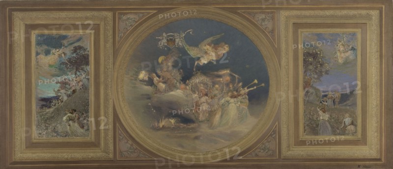 Sketch for the dining room in the Hôtel de Ville, Paris : allegorical figures..., c.1891.  Creator: Eugene Martial Simas.