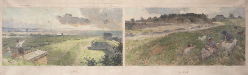 Esquisse pour la mairie de Bagnolet : Deux vues des environs de Bagnolet (le nord et le sud), 1893. Creator: Louis Beroud.