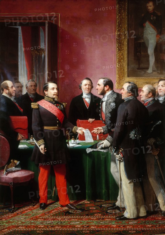 Napoléon III remettant au baron Haussmann le décret d'annexion des communes...(16 février 1859),1865 Creator: Adolphe Yvon.