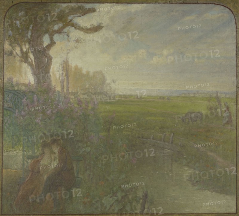 Esquisse pour la salle des mariages de la mairie de Romainville : paysage avec un...c.1904-1907. Creator: Jean Joseph Enders.