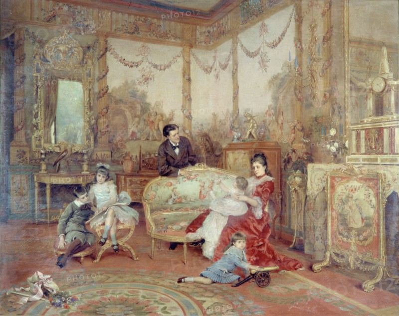 Portrait de Victorien Sardou (1831-1908), de sa femme et de ses enfants dans le grand..., c1885. Creator: Auguste de la Brely.