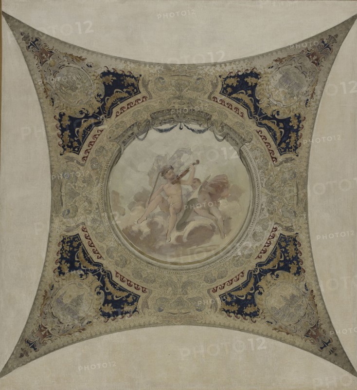 Esquisse pour la galerie Lobau de l'Hôtel de Ville de Paris : Génies musiciens - Monuments..., 1890. Creator: Hector d' Espouy.