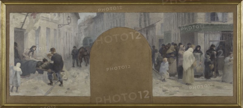 Esquisse pour l'Hôtel de Ville de Paris, cabinet du préfet : Le transport des blessés à..., 1889. Creator: Paul Albert Baudouin.