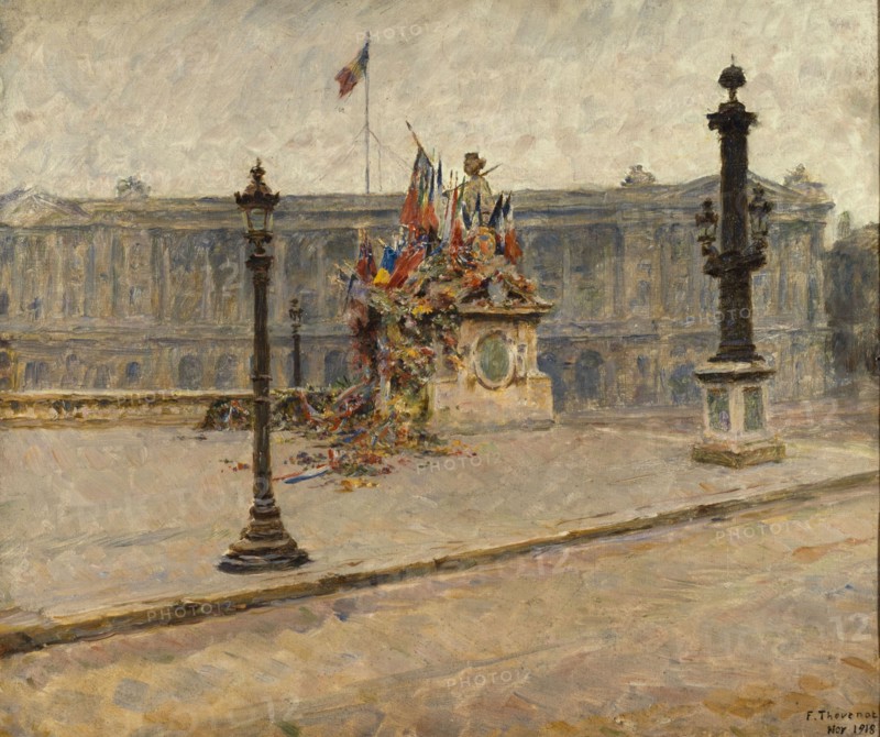 La statue de Strasbourg, place de la Concorde, couverte de drapeaux et de couronnes en novembre 1918 Creator: Francois Thevenot.