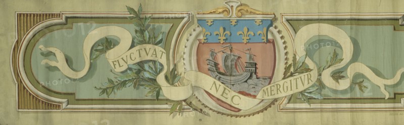Bandeau décoratif avec les armes de la ville de Paris, un phylactère portant la devise et..., c1889. Creator: Louis Gilbert Bellan.