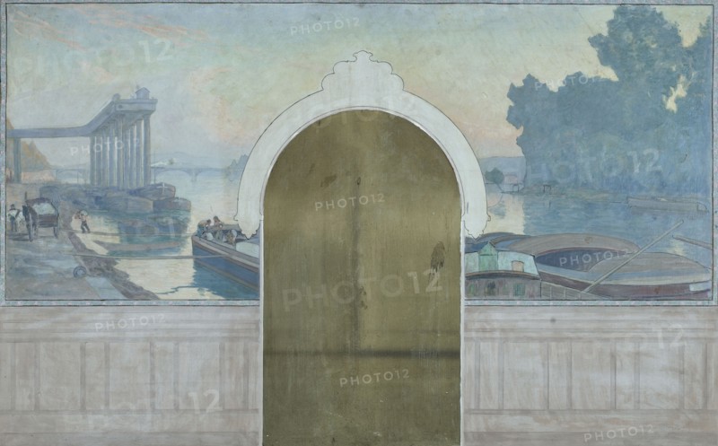 Esquisse pour la salle de mariages de la mairie d'Asnières : Paysage. Péniches sur la..., c.1900. Creator: Henri Marius-Camille Bouvet.