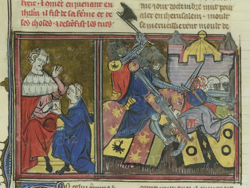 The Battle of Nahr al-Kalb in 1100 (From "Li rommans de Godefroy de Buillon et de Salehadin"), 1337. Creator: Maître de Fauvel (active 1314-1340).