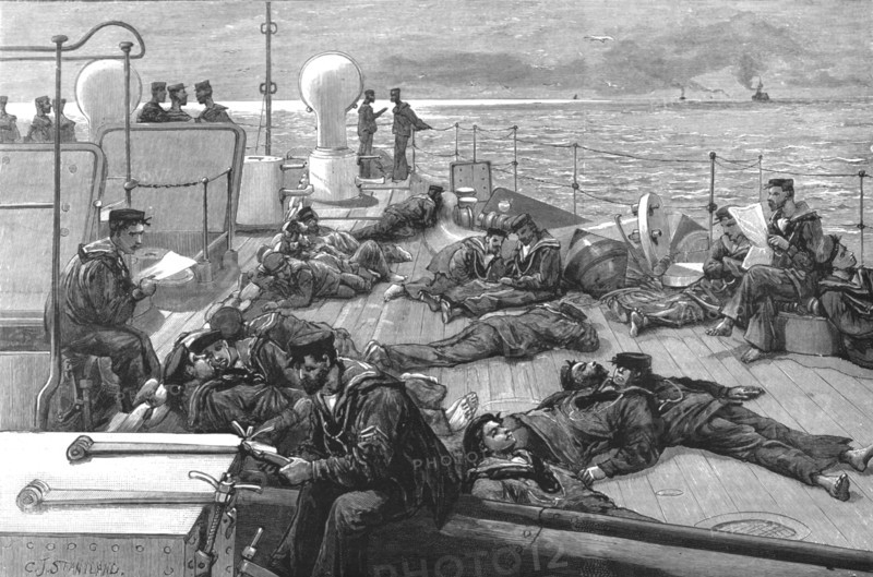 ''The Naval Manoeuvers - Life of a Blue Jacket on board HMS "Conqueror"; Jack's Siesta', 1890. Creator: Charles Joseph Staniland.