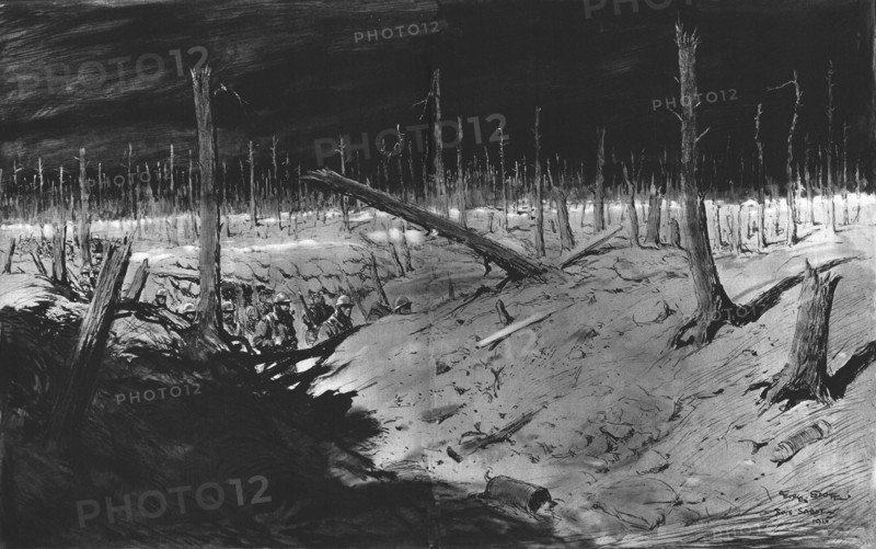 ''Troupe de releve defilant dans un boyau du bois Sabat (front de champagne).', 1915. Creator: Georges Bertin Scott.