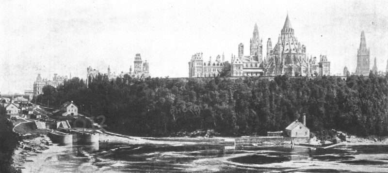 ''Le Palais du Parlement Canadien a Ottawa.- Vue d'ensemble des batiments dominant la riviere.',1916 Creator: Unknown.