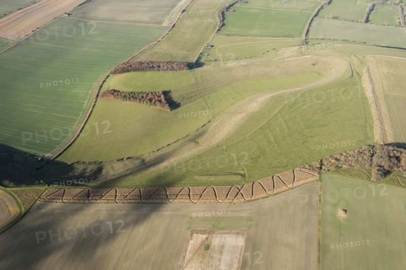 Field system earthwork, strip lynchet earthwork and the Giant's Grave Long Barrow on Fyfield Down, Wiltshire, 2017.
