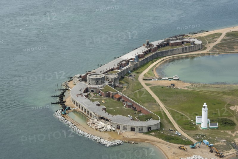Remedial works at a storm damaged Hurst Castle, Hampshire, 2021.