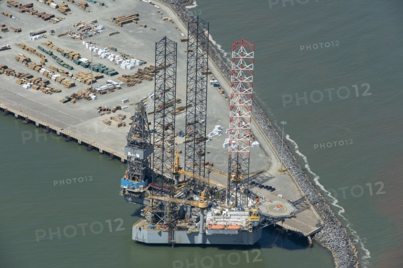 A jackup rig in Great Yarmouth Outer Harbour, Norfolk, 2021.