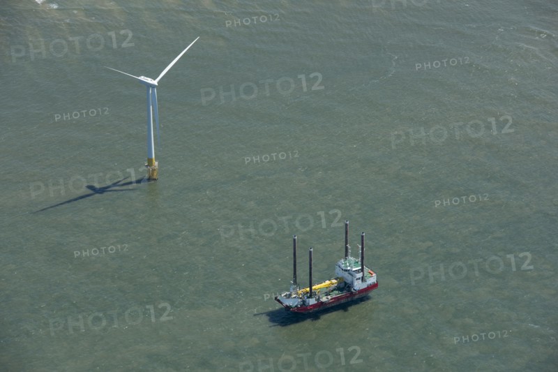 Wind turbine installation vessel at Scroby Sands Wind Farm, Norfolk, 2021.