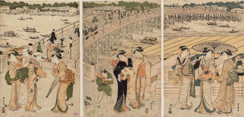 Ryogoku Bridge with figures in the foreground, 18th century.