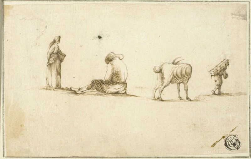 Sketches of Standing Woman, Seated Man, Goat, and Man Carrying Box on Back, n.d.