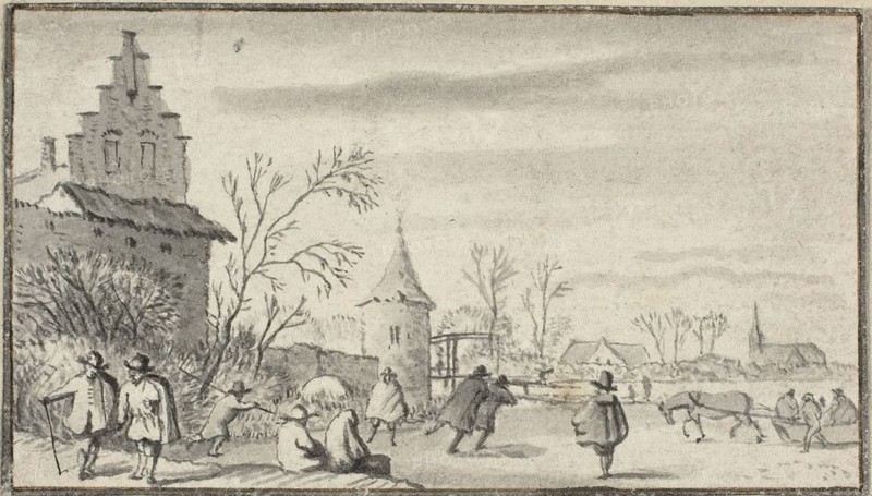 Skaters on Pond Outside Town, n.d. Attributed to Allart van Everdingen.