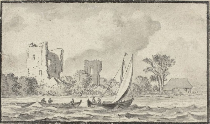 Three Boats on a River with Ruins Along the Shore, n.d. Attributed to Allart van Everdingen.