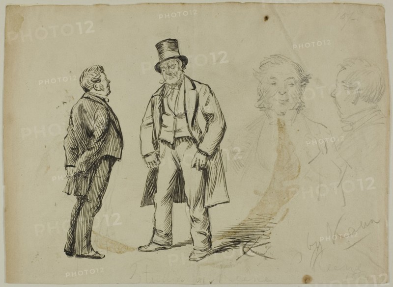 Sketch of Two Standing Men and Two Portaits, 1870/91. Attributed to Charles Samuel Keene.