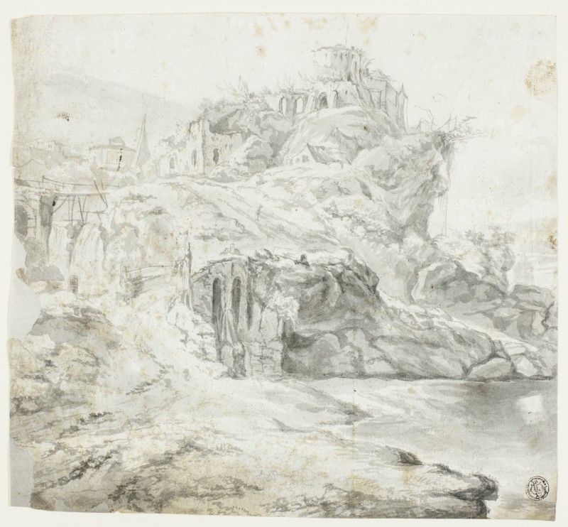 Rocky Promontory with Ruins and Cascades (recto); Sketch of Cliff with Buildings (verso), n.d. Creator: G E Petit.