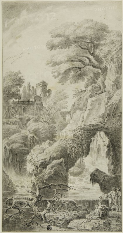 Figures in a Rocky Landscape with Waterfall, n.d. Attributed to Johann Samuel Bach.
