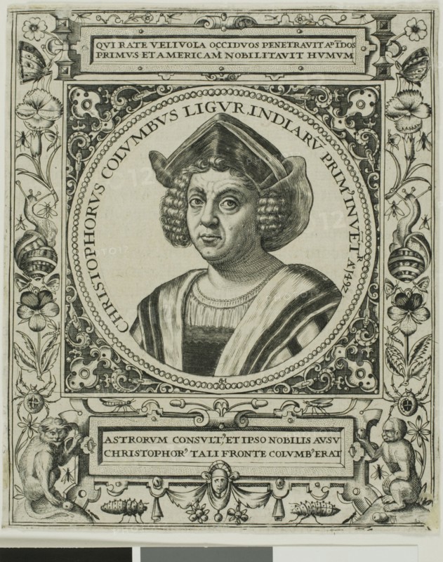 Christopher Columbus, frontispiece from volume 5 of Theodor de Bry's America, 1595. Creator: Johann Theodor de Bry.