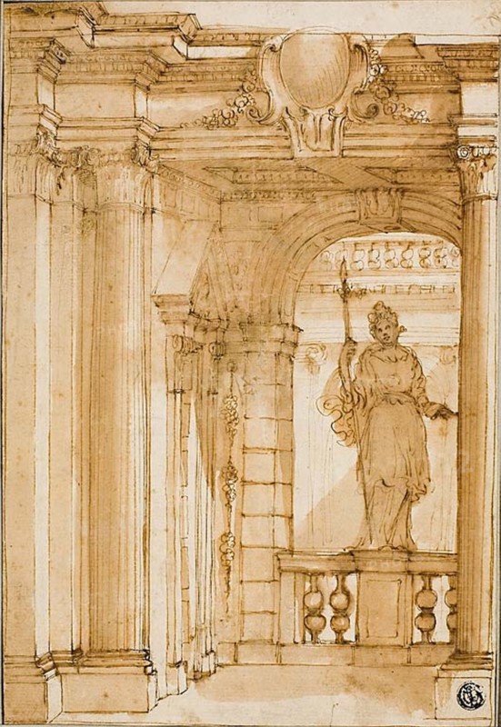 Corner of a Loggia with Female Statue, n.d. Attributed to Pietro Righini.