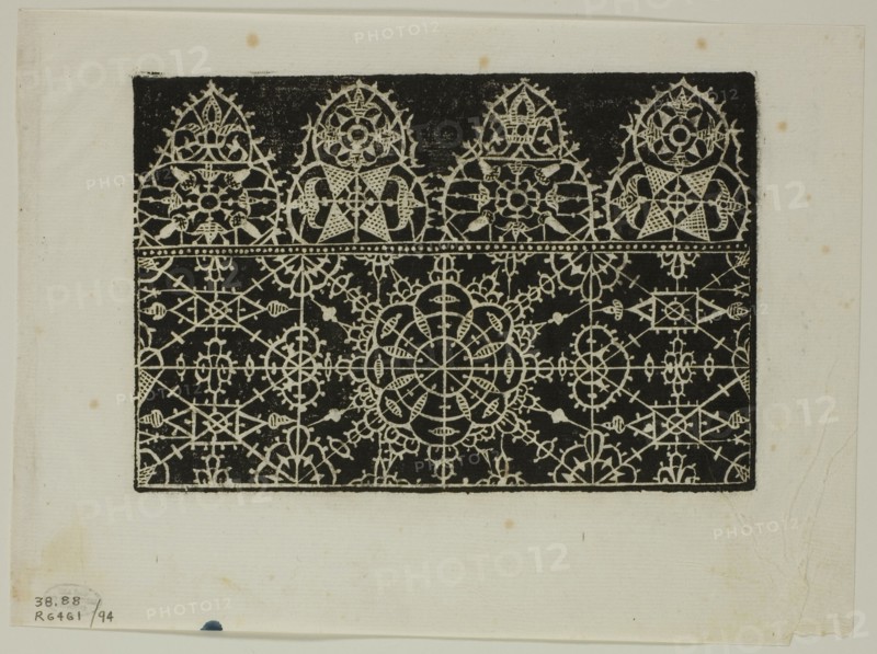Leaf from Crown of Noble and Virtuous Women, 1591, assembled into portfolio by Max Geisberg, 1937. Lace design.