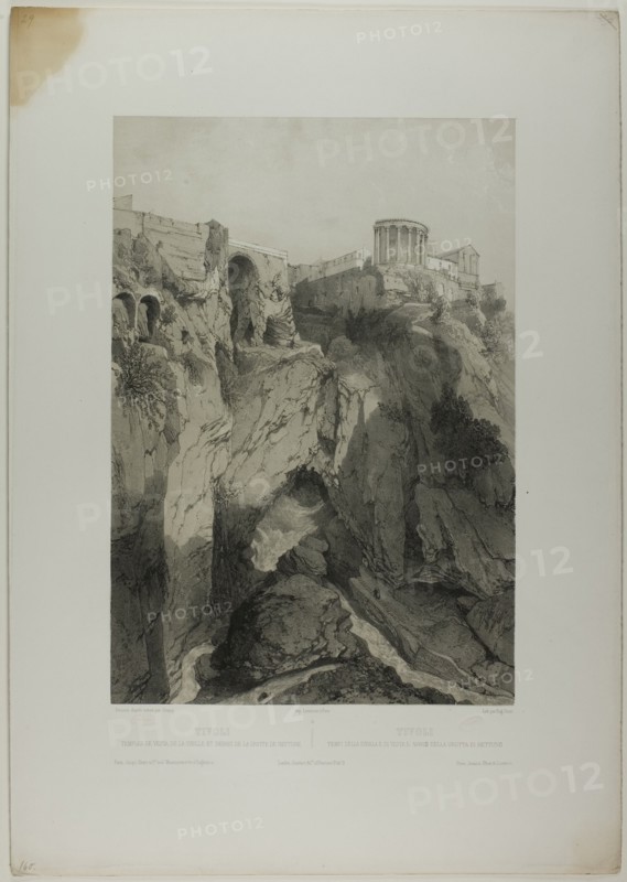 Tivoli: The Temples of Vesta and the Sibyl, and Ruins of the Grotto of Neptune, plate..., c. 1848. Creators: Eugene Ciceri, Nicolas-Marie-Joseph Chapuy.