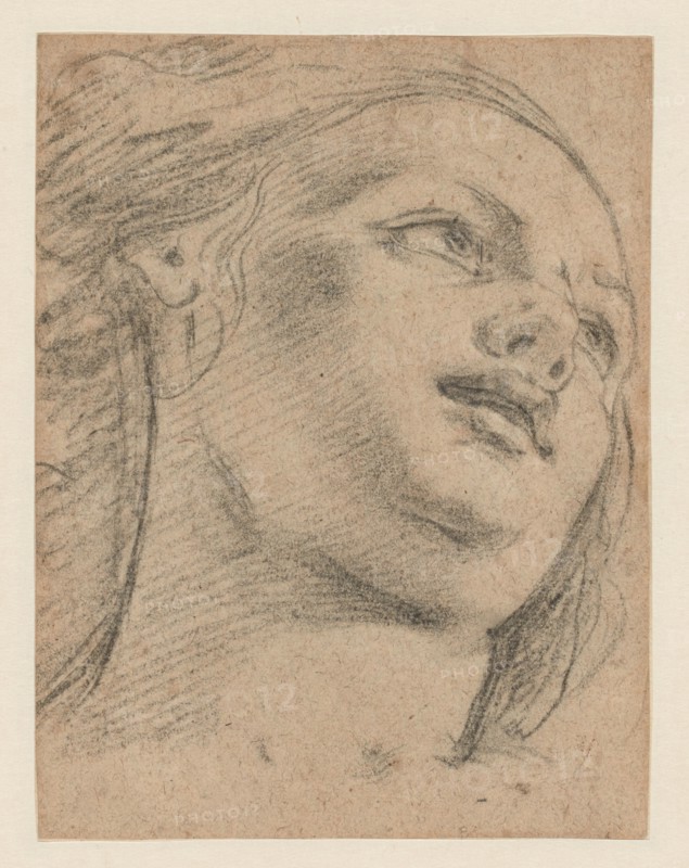 Female Head Study Looking Up to Right (recto); Study of Two Figures Supporting an..., 1630/70. Creator: Unknown.