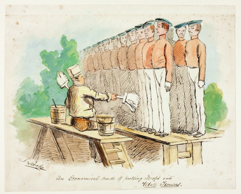 An Economical Mode of Putting Troops into White Trousers, 1840/50. Creator: John Leech.