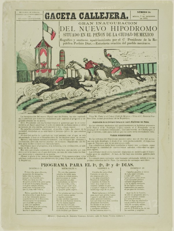 The Street Gazette: Grand Inauguration of the New Racetrack Situated on Peñón Hill in Mexico City, December 3, 1893.