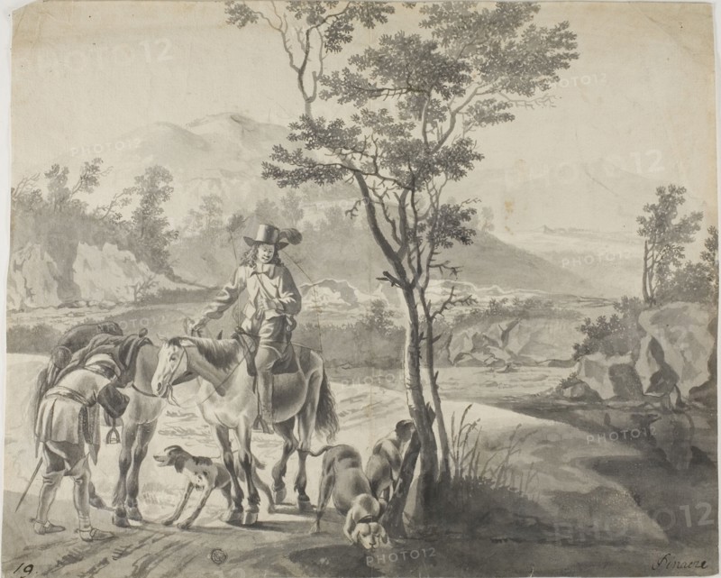 Riders and Dogs in Rocky Landscape, n.d. Possibly after Adam Pynacker.