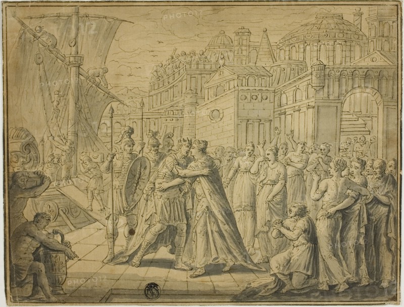 Dido and Aeneas Embracing before Gates of Carthage, n.d. Creator: Unknown.