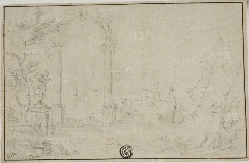 Ruins in a Park, Two Figures, n.d. Style of Francesco Guardi.