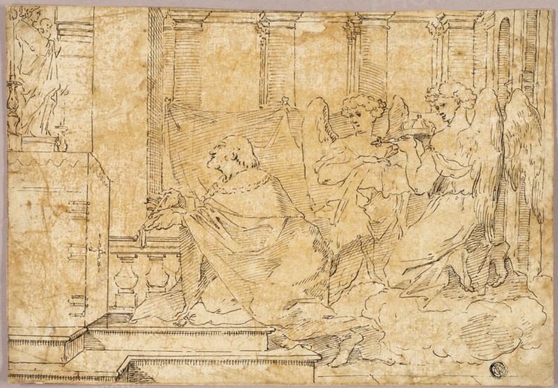 Saint Kneeling before Altar with Statue of Madonna and Child, n.d. Style of Sébastien Bourdon.